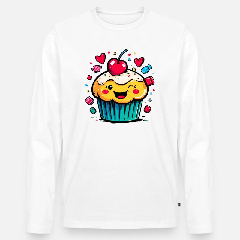 Kawaii Cupcake mit Kirschgesicht - Männer Premium Bio Langarmshirt - Weiß