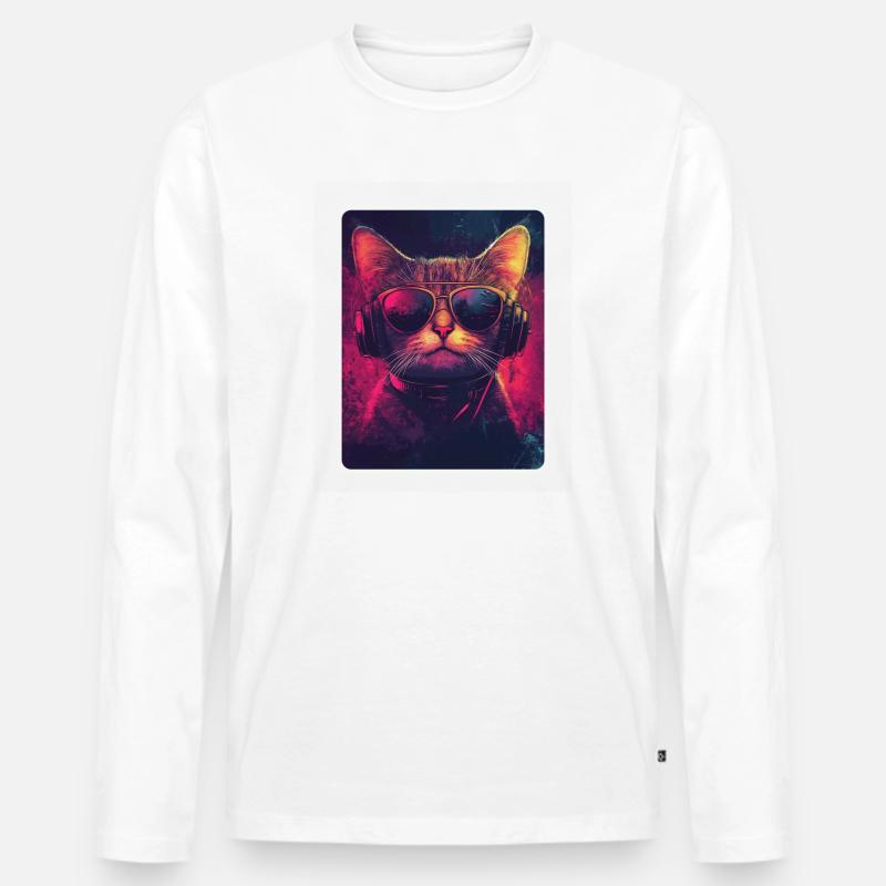 Coole DJ Katze mit Sonnenbrille - Männer Premium Bio Langarmshirt - Weiß