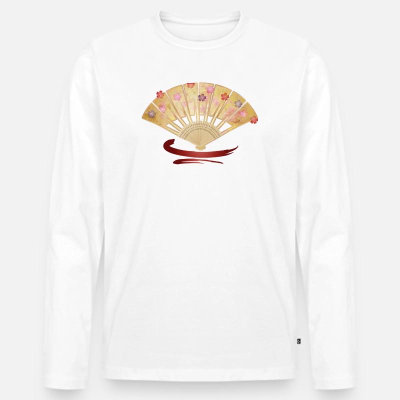 Eleganter Fächer mit Kirschblüten und Rotakzent - Männer Premium Bio Langarmshirt - Weiß