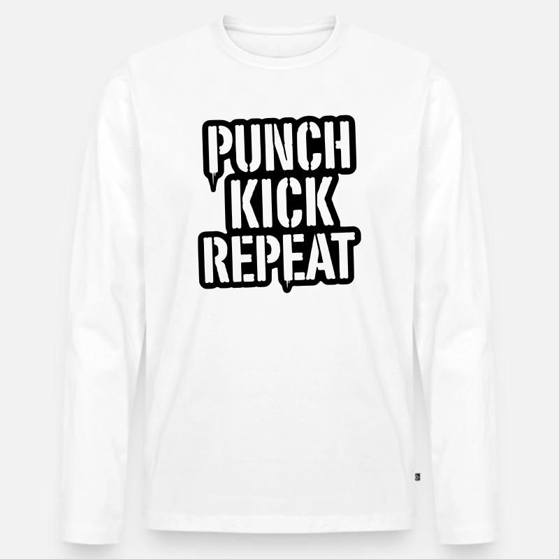 Punch, Kick, Repeat Schriftzug - Kickboxen  - Männer Premium Bio Langarmshirt - Weiß
