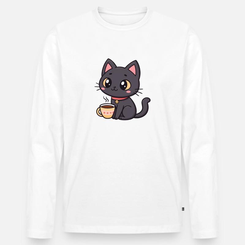 Warme schwarze Katze mit Tee - Männer Premium Bio Langarmshirt - Weiß