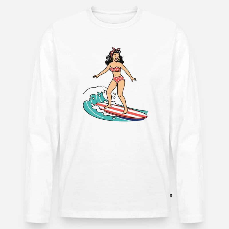Pin-up-Mädchen auf dem Surfbrett - Männer Premium Bio Langarmshirt - Weiß