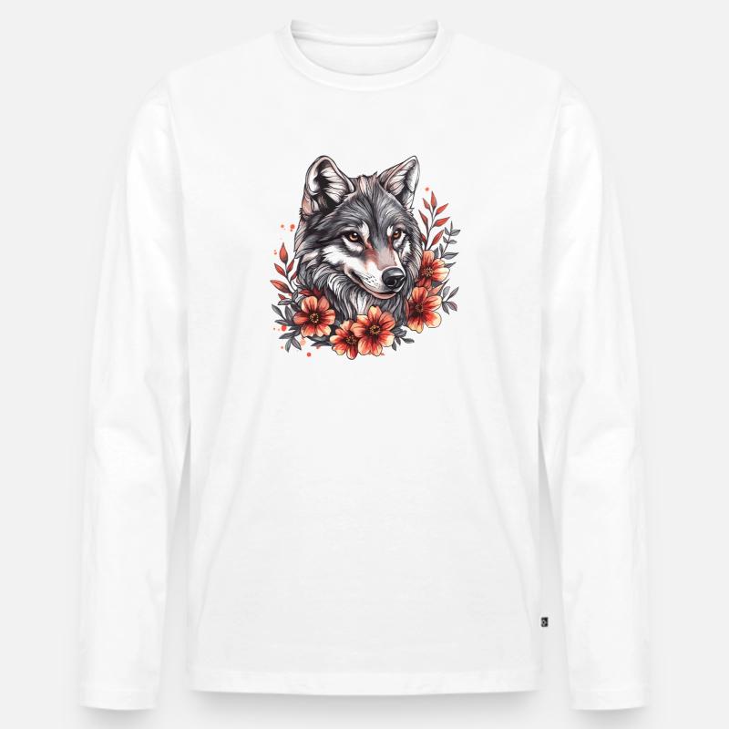 Wolfskopf mit Blumenring - Männer Premium Bio Langarmshirt - Weiß