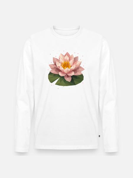 Nénuphar polygonal rose sur feuille verte - T-shirt manches longues Premium bio Homme - blanc