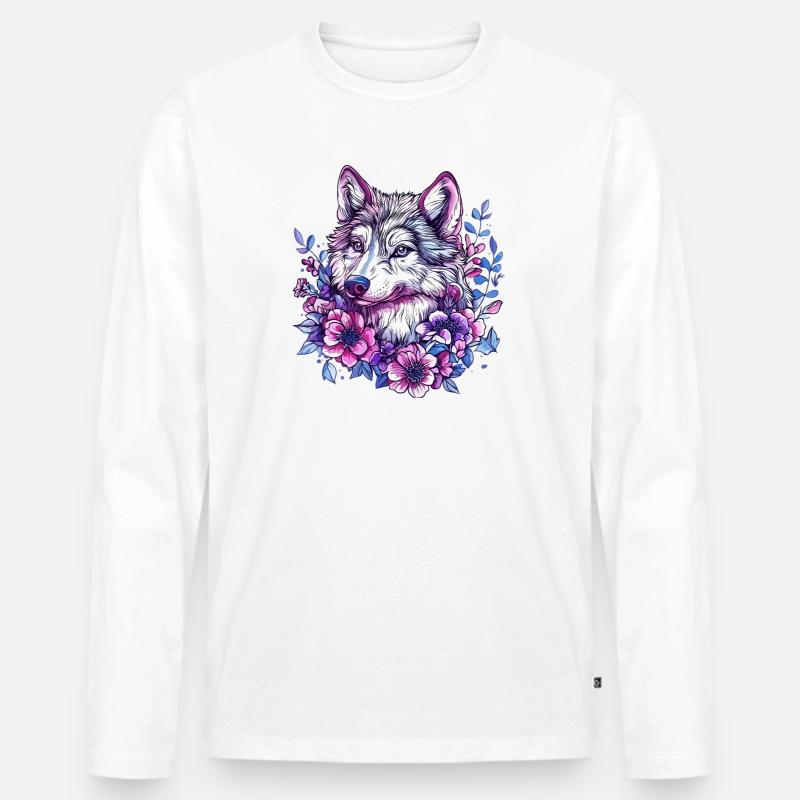 Blütenwolf: Farbexplosion im Blütenkranz - Männer Premium Bio Langarmshirt - Weiß