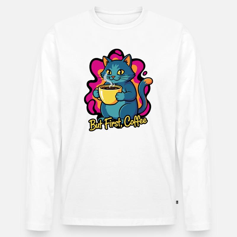 Kaffee Katze – But First Coffee - Männer Premium Bio Langarmshirt - Weiß