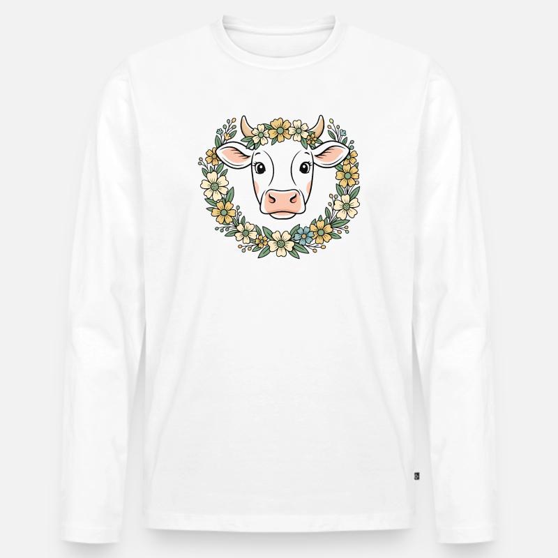 Kuh Blumenkranz Boho Frühling Vektor - Männer Premium Bio Langarmshirt - Weiß