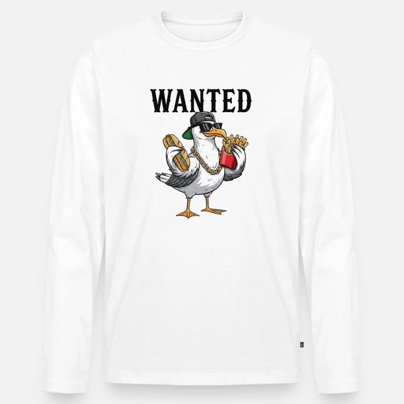 Gesuchte Möwe Mit Pommes Und Fischbrötchen - Männer Premium Bio Langarmshirt - Weiß
