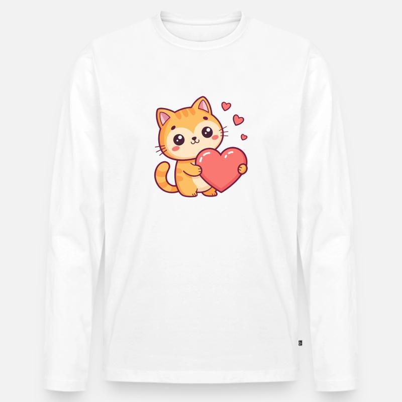 Süße Katze hält ein Herz - Männer Premium Bio Langarmshirt - Weiß