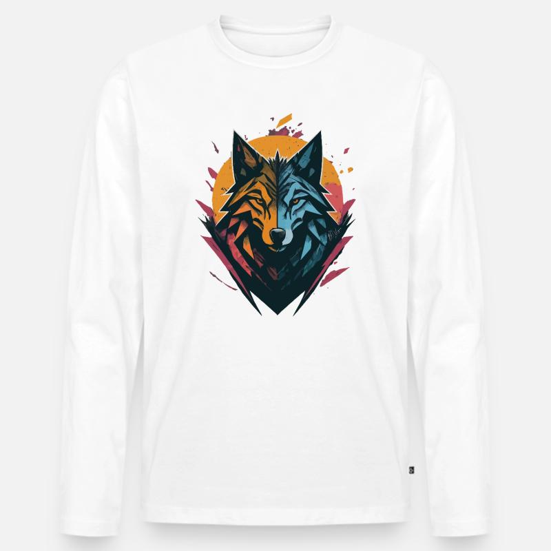 Wolf Doppelseitiger Sonnenmond - Männer Premium Bio Langarmshirt - Weiß