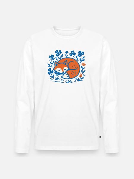 Schlafender Fuchs im Blumen-Nachtgarten - Männer Premium Bio Langarmshirt - Weiß