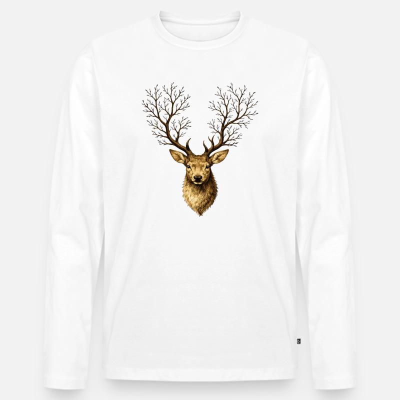 Hirschkopf mit Baumgeweih – Mystischer Waldgeist - Männer Premium Bio Langarmshirt - Weiß