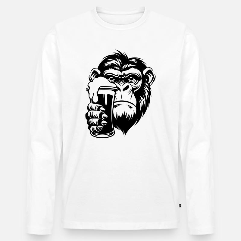 Affe hält ein Getränk mit Schaum - Männer Premium Bio Langarmshirt - Weiß