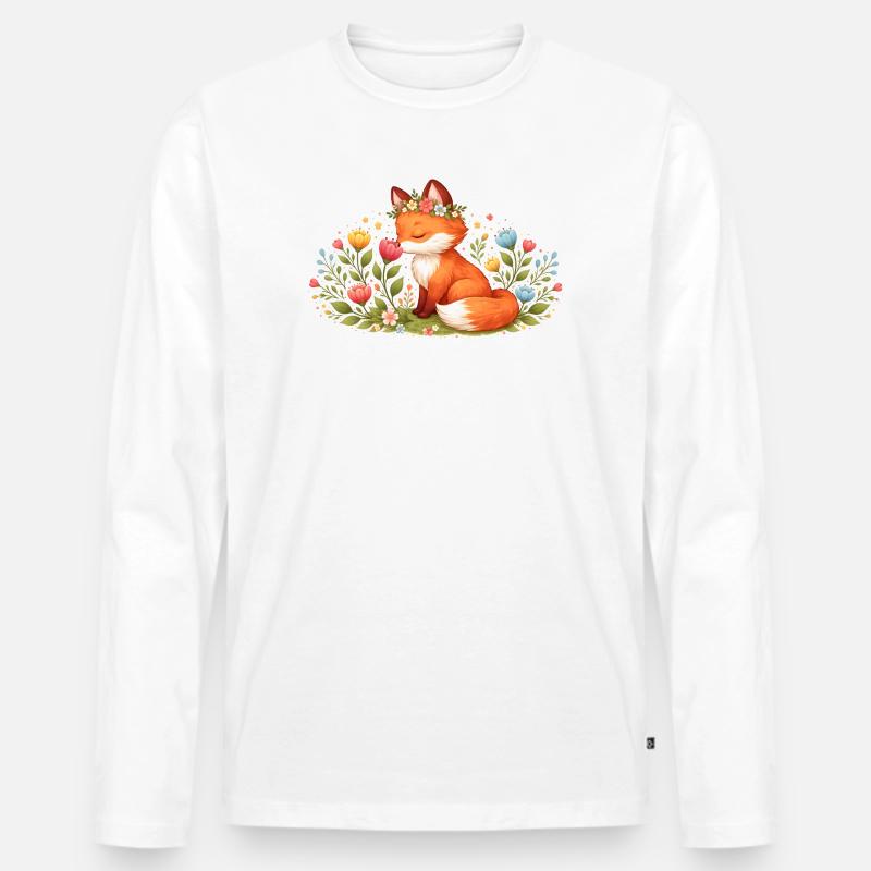 Niedlicher Frühlingsfuchs mit Blumenkranz - Männer Premium Bio Langarmshirt - Weiß