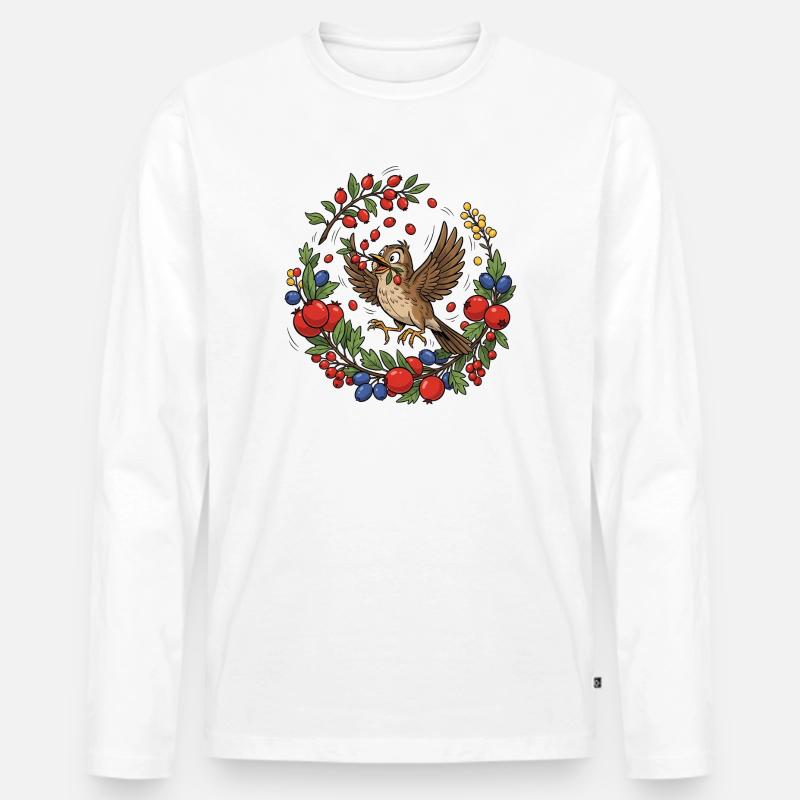 Fröhlicher Vogel im Beerenkranz - Männer Premium Bio Langarmshirt - Weiß