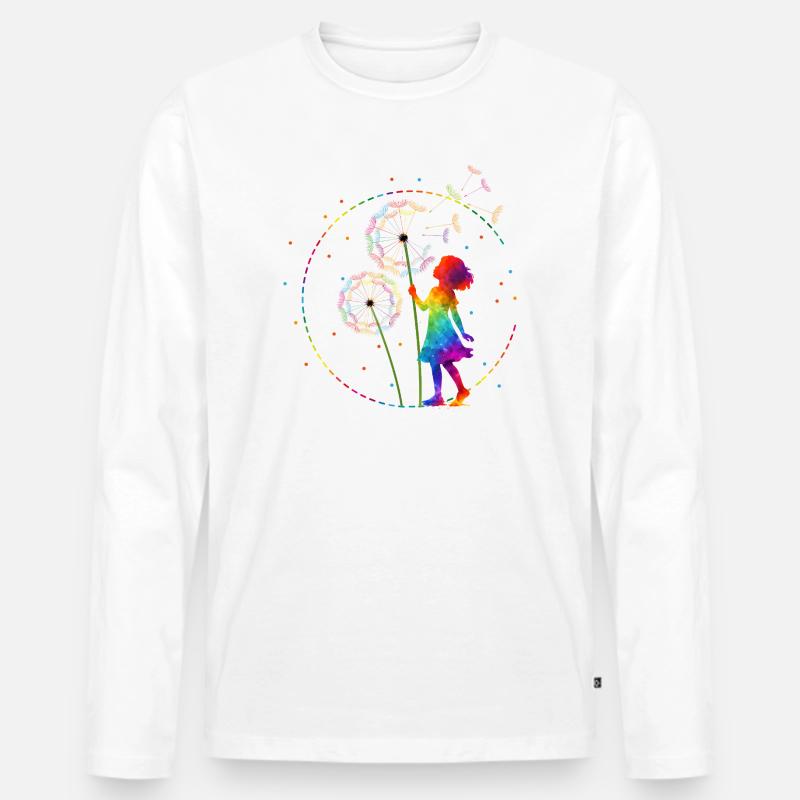 Regenbogen Mädchen mit Pusteblume - Männer Premium Bio Langarmshirt - Weiß