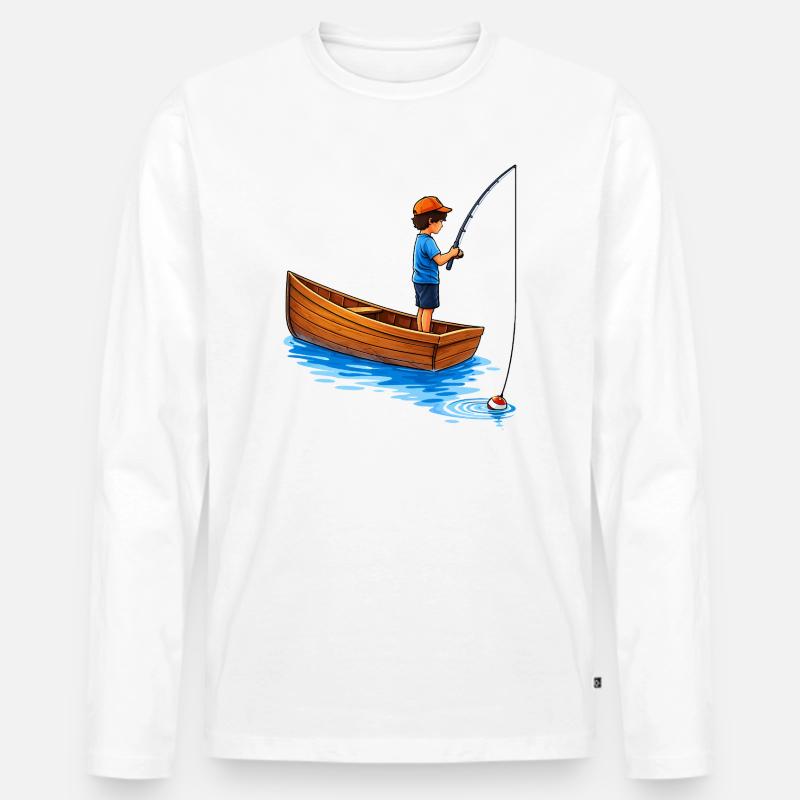 Junge beim Angeln im Boot Illustration  - Männer Premium Bio Langarmshirt - Weiß