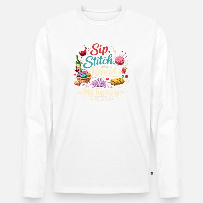 Sip Stitch Repeat Therapie - Männer Premium Bio Langarmshirt - Weiß