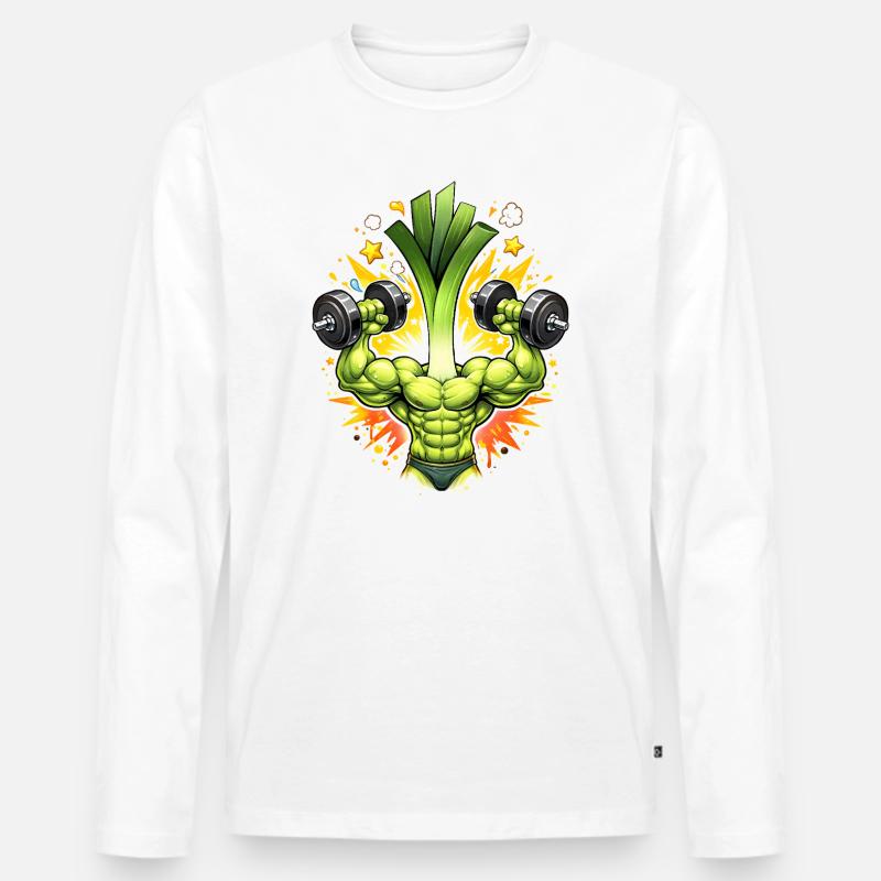 Starker Lauch Bodybuilder Illustration   - Männer Premium Bio Langarmshirt - Weiß