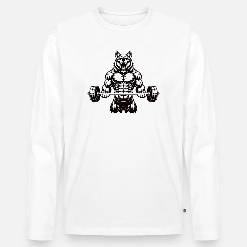 Kraftvoller Wolf mit Langhantel - Männer Premium Bio Langarmshirt - Weiß