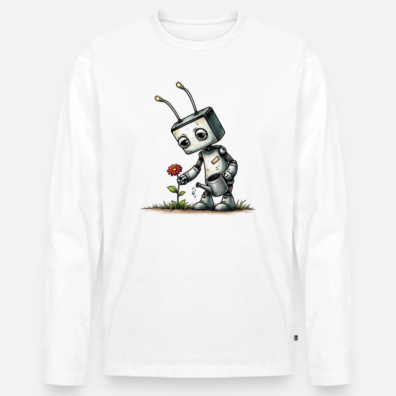 Roboter gießt eine Blume  - Männer Premium Bio Langarmshirt - Weiß