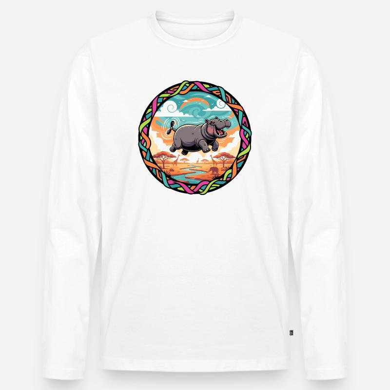 Witziger Hippo fliegendes Nilpferd bunt Savanne  - Männer Premium Bio Langarmshirt - Weiß