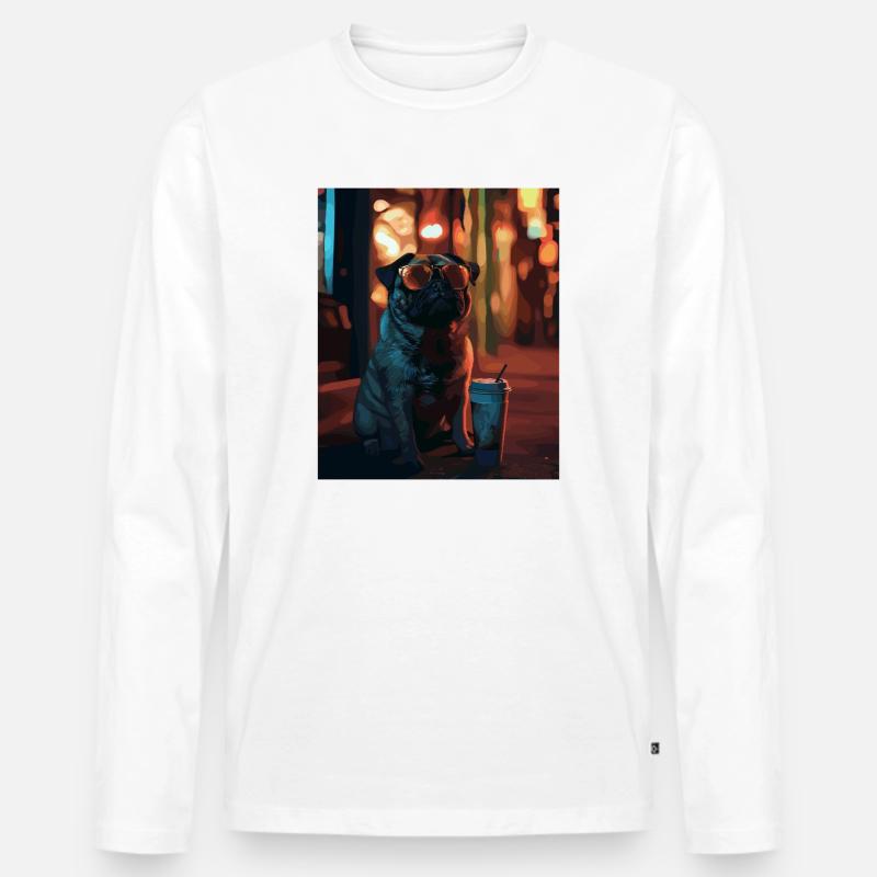 Mops mit Sonnenbrille und Eiskaffee - Männer Premium Bio Langarmshirt - Weiß