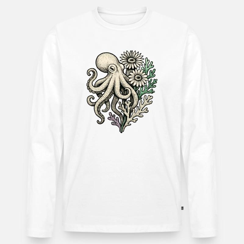 Oktopus mit Korallenblüten - Männer Premium Bio Langarmshirt - Weiß