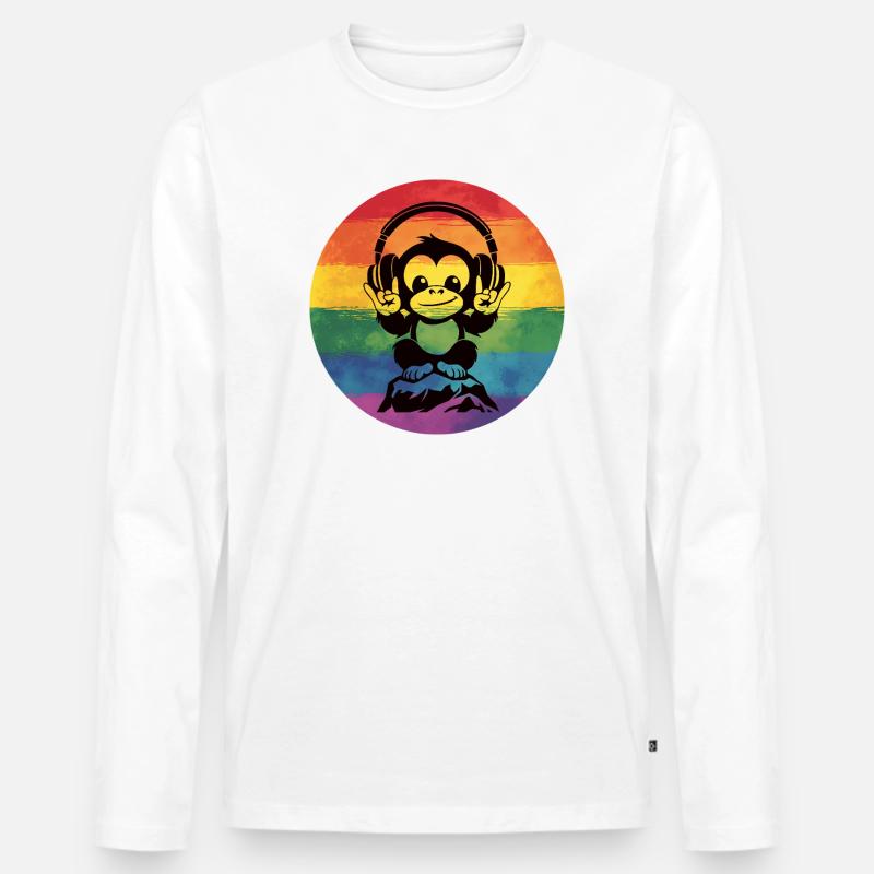 Regenbogen DJ Affe – Kopfhörer Rockhandzeichen - Männer Premium Bio Langarmshirt - Weiß