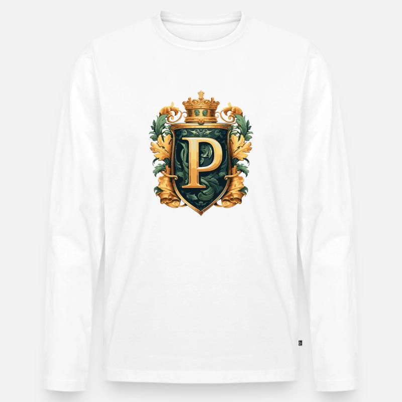 P Buchstabe Name Krone - Männer Premium Bio Langarmshirt - Weiß