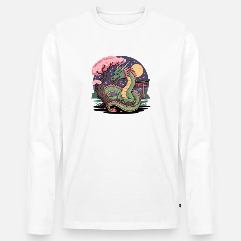 Drache Sakura unter dem Mond - Männer Premium Bio Langarmshirt - Weiß