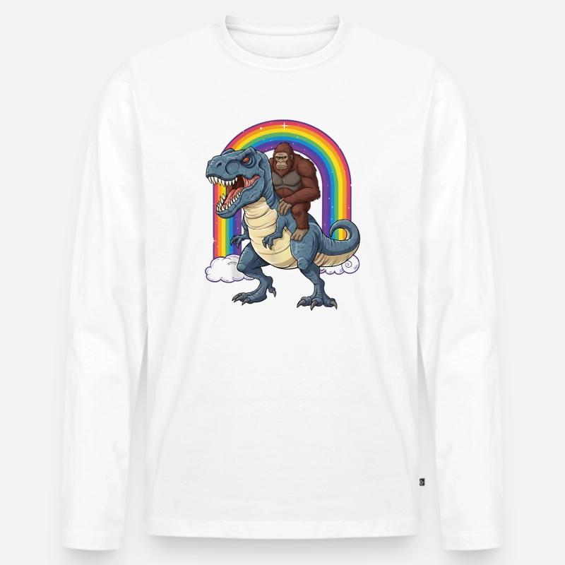 Bigfoot Reitet T-Rex Dinosaurier Regenbogen - Männer Premium Bio Langarmshirt - Weiß