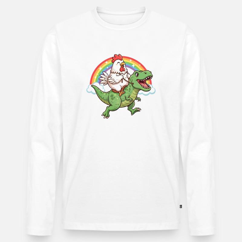 Huhn Reitender T-Rex Dinosaurier Regenbogen - Männer Premium Bio Langarmshirt - Weiß