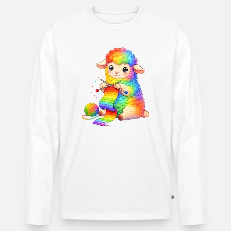 Niedliches Regenbogen Schaf beim Stricken  - Männer Premium Bio Langarmshirt - Weiß