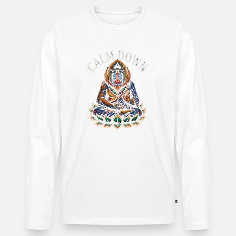 Calm Down Affe Meditierender Lotus - Männer Premium Bio Langarmshirt - Weiß