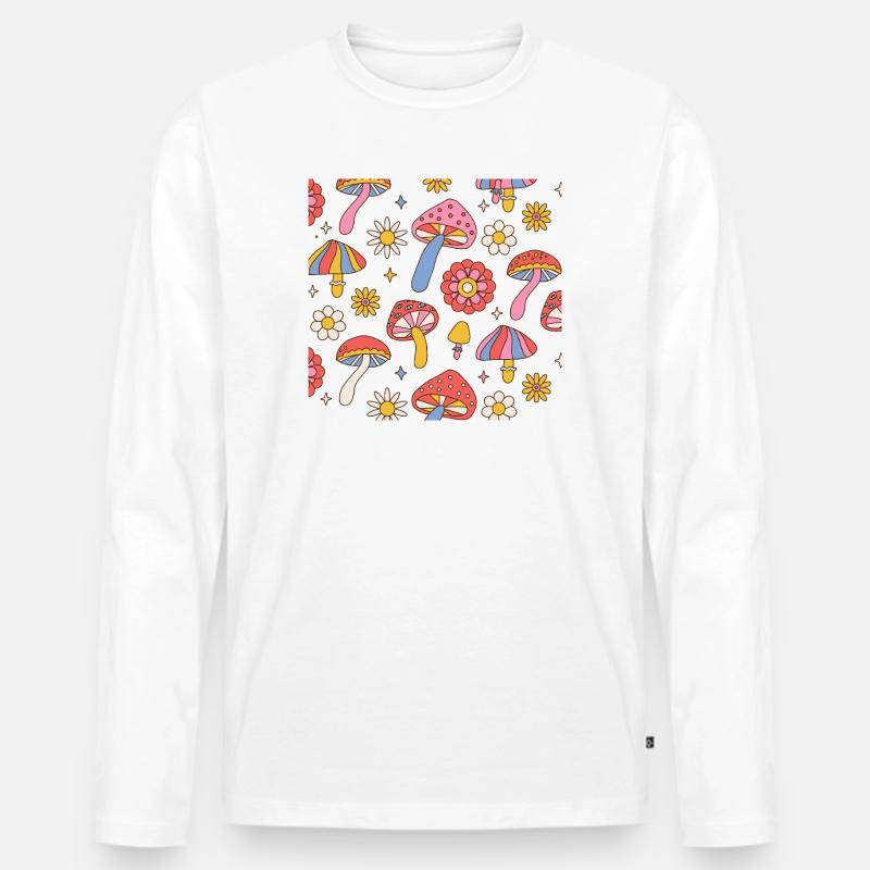 Retro Mushroom Flower Pattern 70s Design - Männer Premium Bio Langarmshirt - Weiß