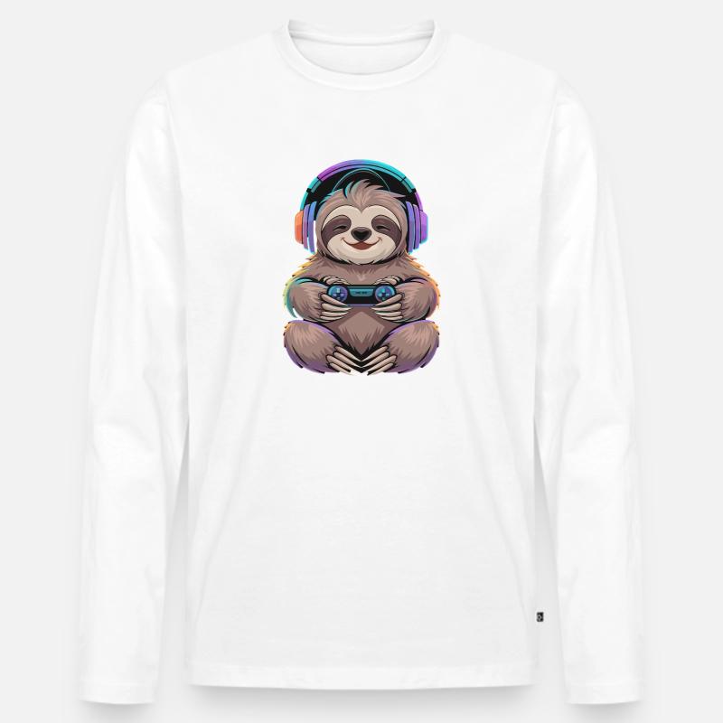  Faultier Gamer Mit Controller Und Bunter - Männer Premium Bio Langarmshirt - Weiß