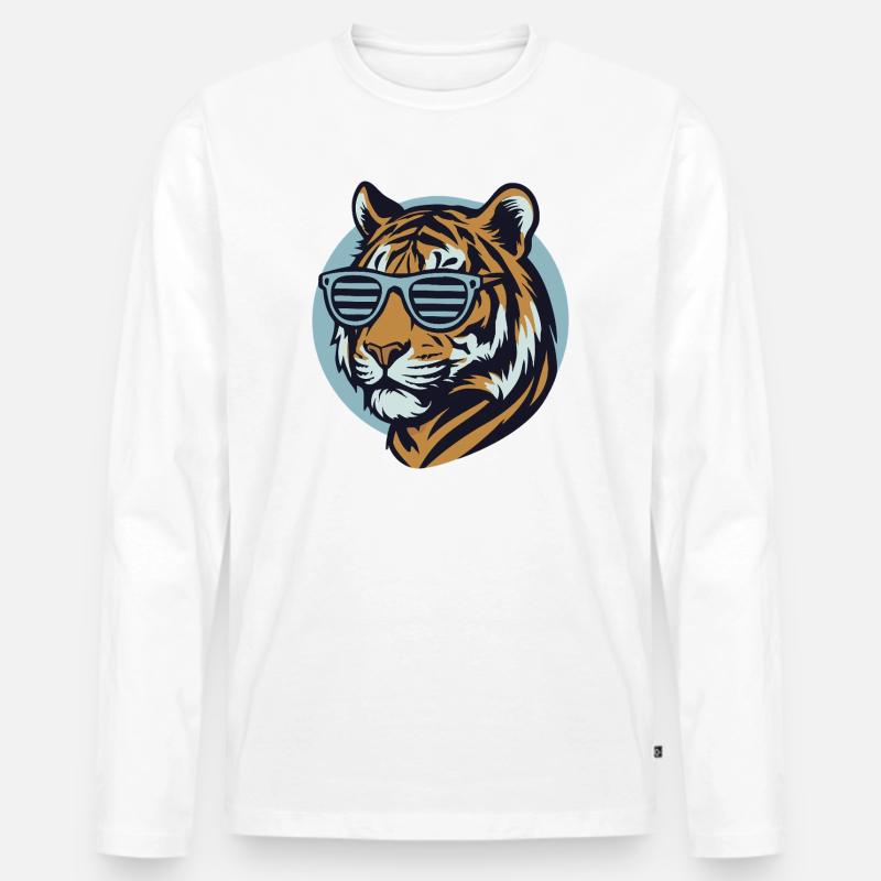 Tiger mit Sonnenbrille – Retro Pop-Style - Männer Premium Bio Langarmshirt - Weiß