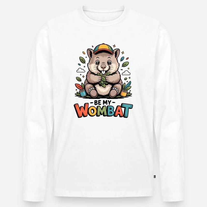 Buntes Wombat Cartoon mit Blättern - Männer Premium Bio Langarmshirt - Weiß