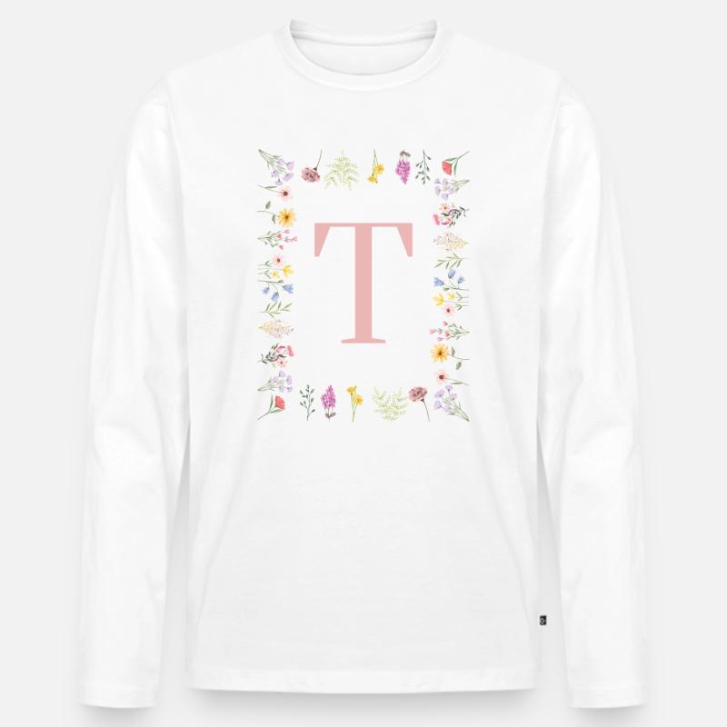 Florale Initialen "T", Buchstaben Monogramm - Männer Premium Bio Langarmshirt - Weiß
