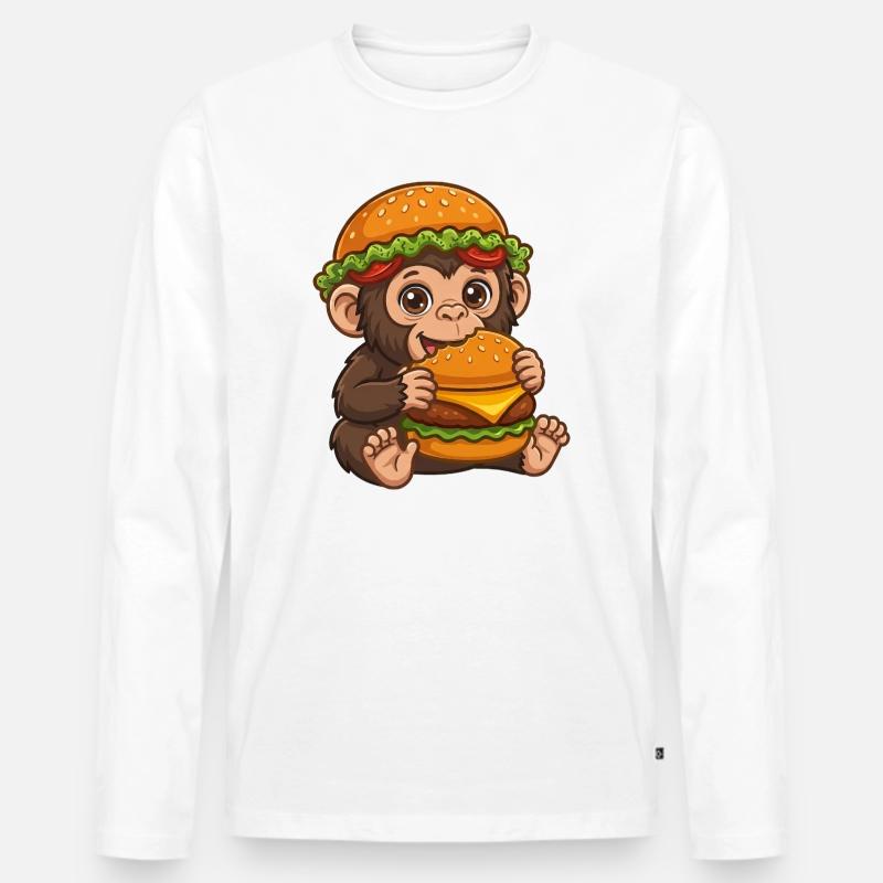Süßer Affe mit Burger Cartoon Motiv - Männer Premium Bio Langarmshirt - Weiß