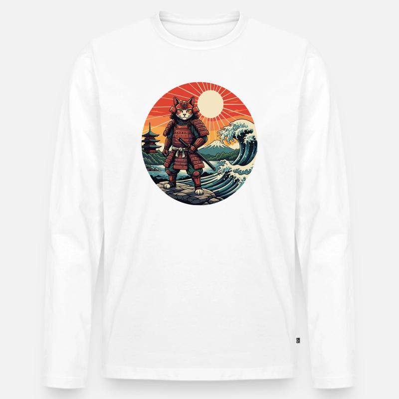 Katzen-Samurai bei Sunset Waves - Männer Premium Bio Langarmshirt - Weiß