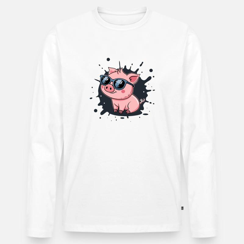 Cooles Schwein mit Brille auf Spritzer - Männer Premium Bio Langarmshirt - Weiß