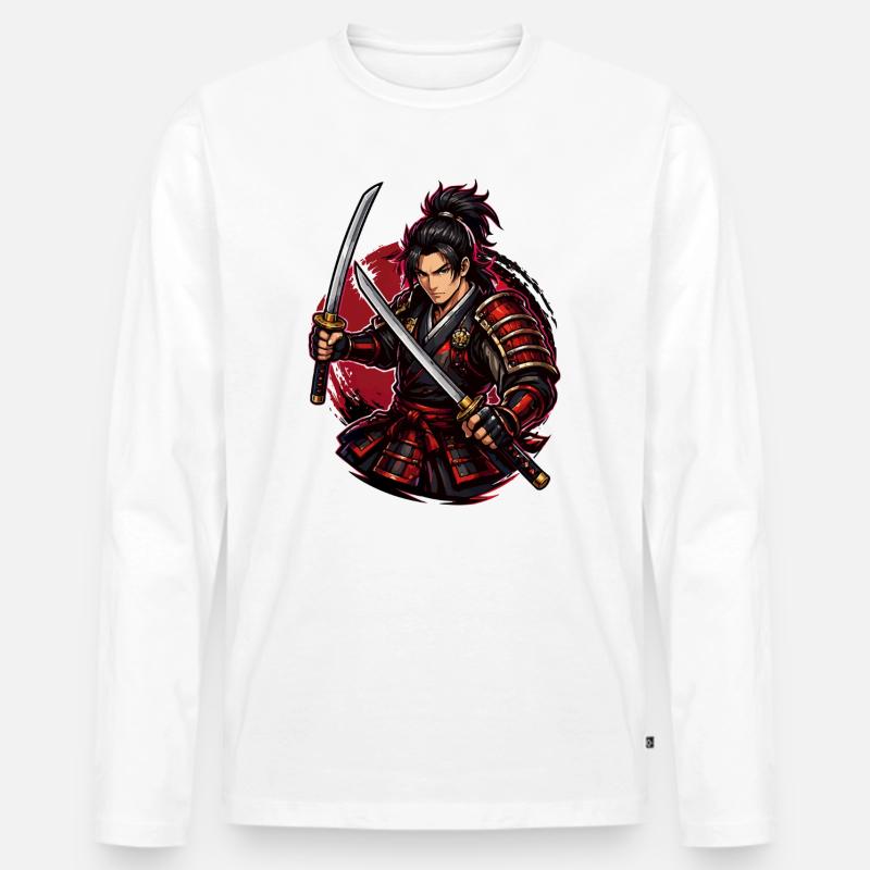 Samurai-Kämpfer in rotem Wirbel - Männer Premium Bio Langarmshirt - Weiß