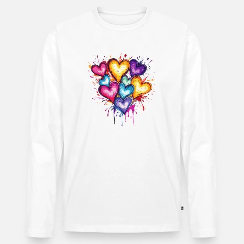 Farbige Herzensspritzer - Männer Premium Bio Langarmshirt - Weiß