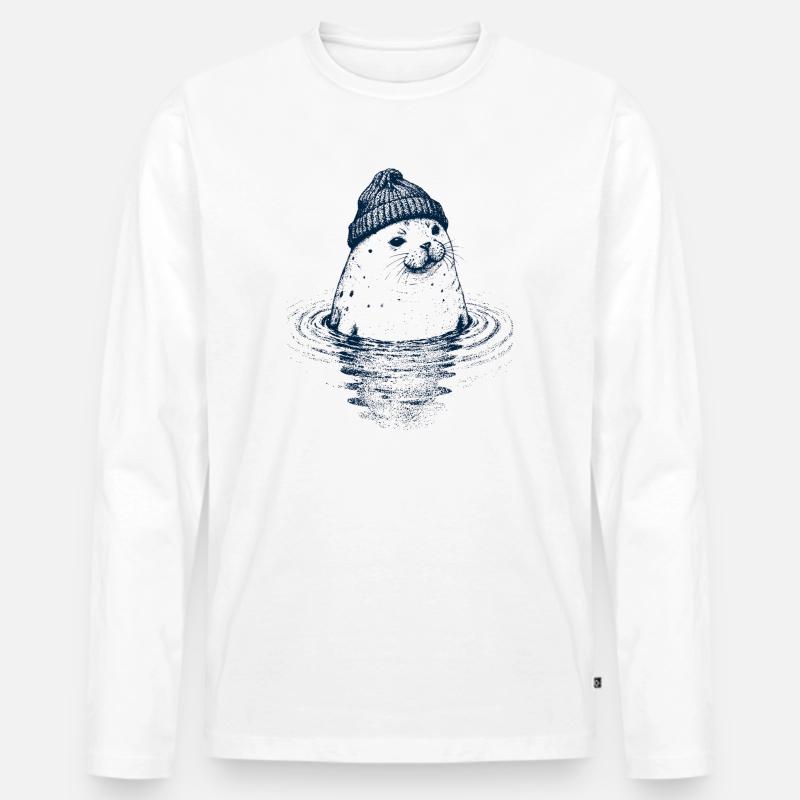 Robbe mit Mütze - Männer Premium Bio Langarmshirt - Weiß