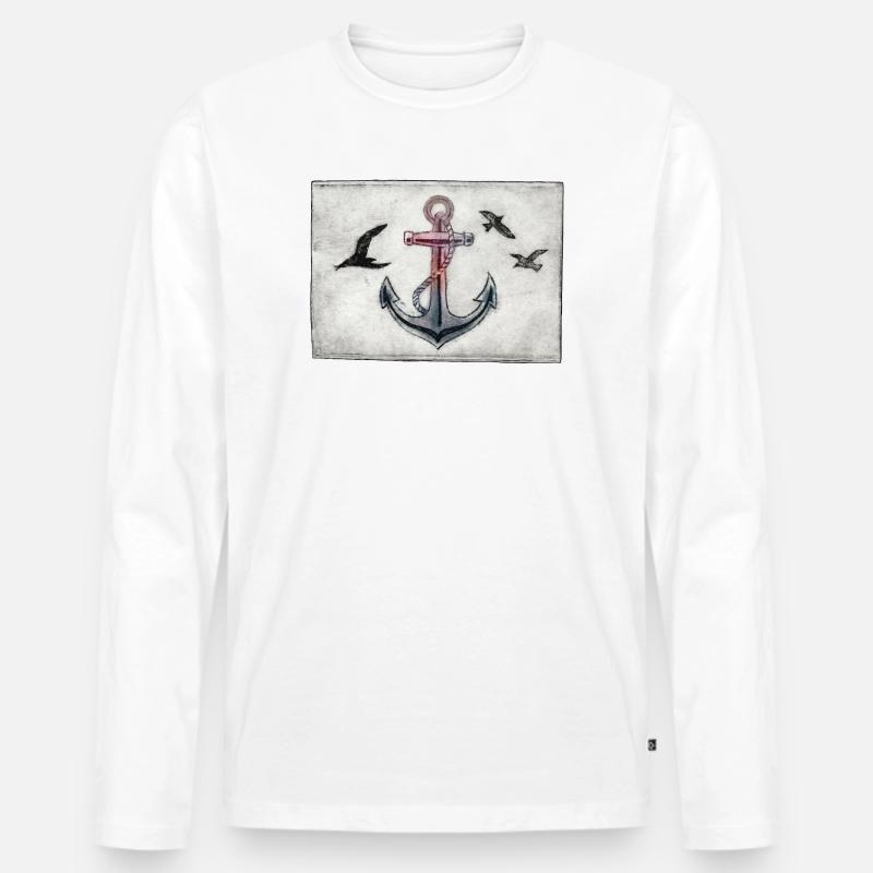 Anker mit Möwen - handgeschnitzte Druckvorlage - Männer Premium Bio Langarmshirt - Weiß