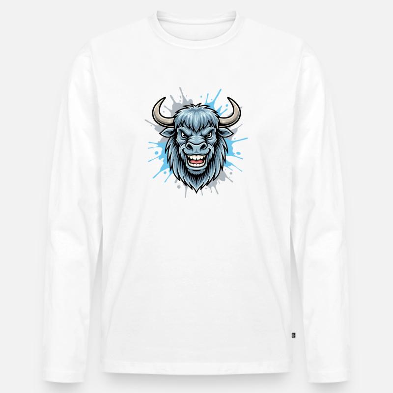 Blauer Bison Kopf Spritzer - Männer Premium Bio Langarmshirt - Weiß