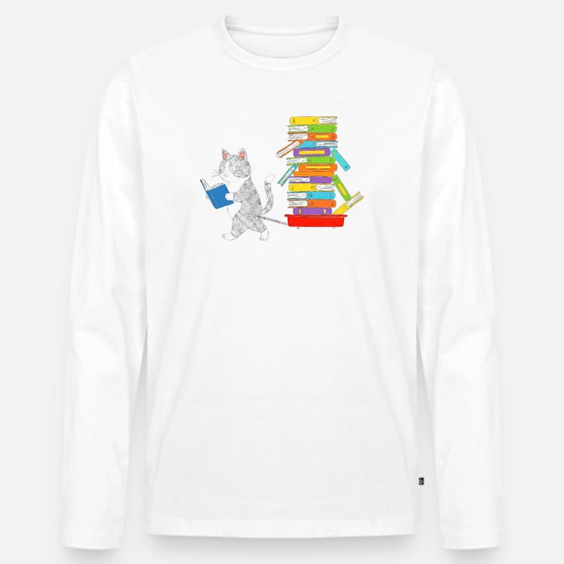 Lesekätzchen zieht Bücherwagen - Männer Premium Bio Langarmshirt - Weiß