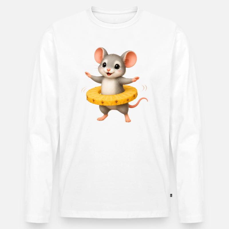 Fröhliche Maus mit Ananas Ring  - Männer Premium Bio Langarmshirt - Weiß